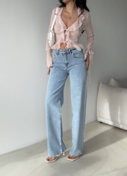 Ön Taşlı Likralı Salaş Kadın Kot Pantalon