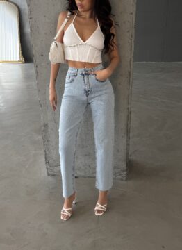 Önü Taş Detay Mom Jean Kot Pantalon